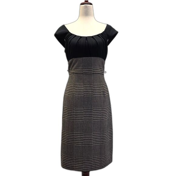 London Times Black and Grey Houndstooth Plaid Cap Sleeve Midi Dress Size 8 - Picture 1 of 13